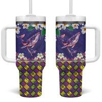 Hawaiian Plumeria and Humpback Whales Tumbler With Handle Polynerian Art Tattoo-Navy Color