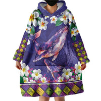 Hawaiian Plumeria and Humpback Whales Wearable Blanket Hoodie Polynerian Art Tattoo-Navy Color