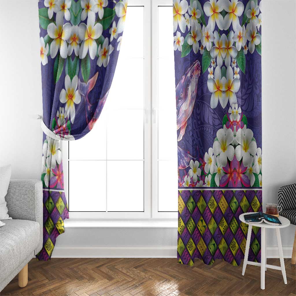 Hawaiian Plumeria and Humpback Whales Window Curtain Polynerian Art Tattoo-Navy Color