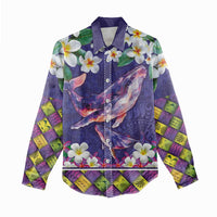 Hawaiian Plumeria and Humpback Whales Women Casual Shirt Polynerian Art Tattoo-Navy Color