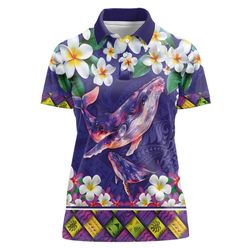 Hawaiian Plumeria and Humpback Whales Women Polo Shirt Polynerian Art Tattoo-Navy Color