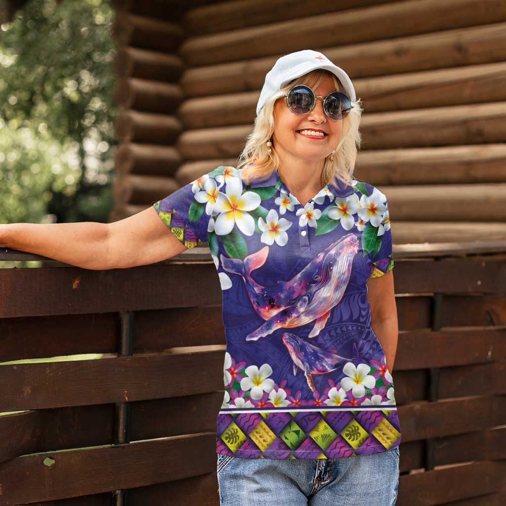 Hawaiian Plumeria and Humpback Whales Women Polo Shirt Polynerian Art Tattoo-Navy Color