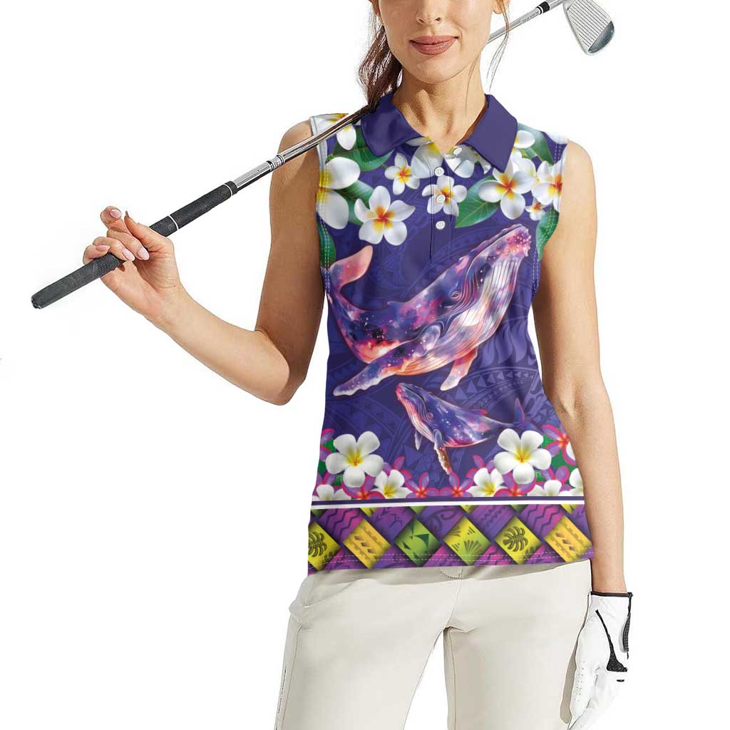 Hawaiian Plumeria and Humpback Whales Women Sleeveless Polo Shirt Polynerian Art Tattoo-Navy Color