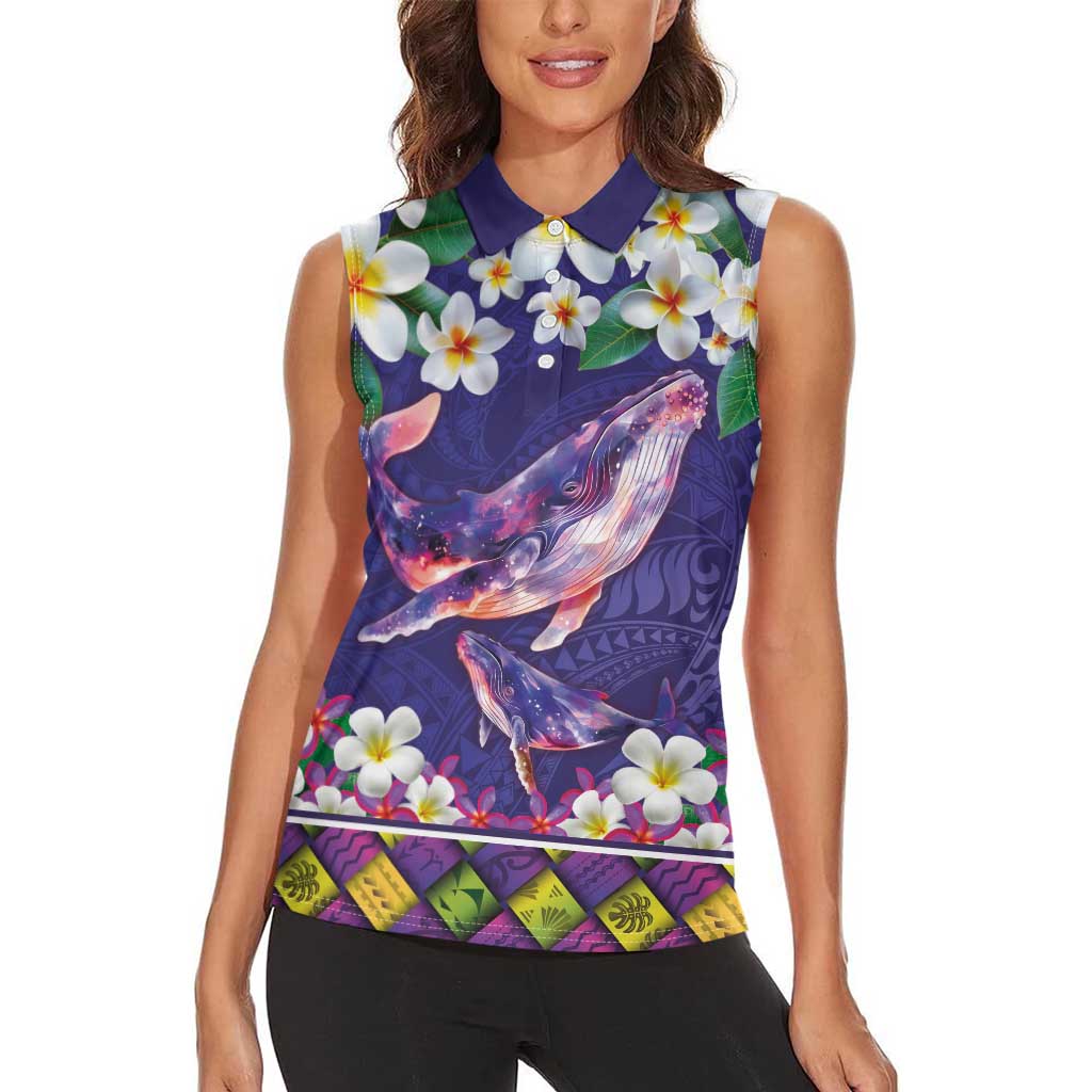 Hawaiian Plumeria and Humpback Whales Women Sleeveless Polo Shirt Polynerian Art Tattoo-Navy Color