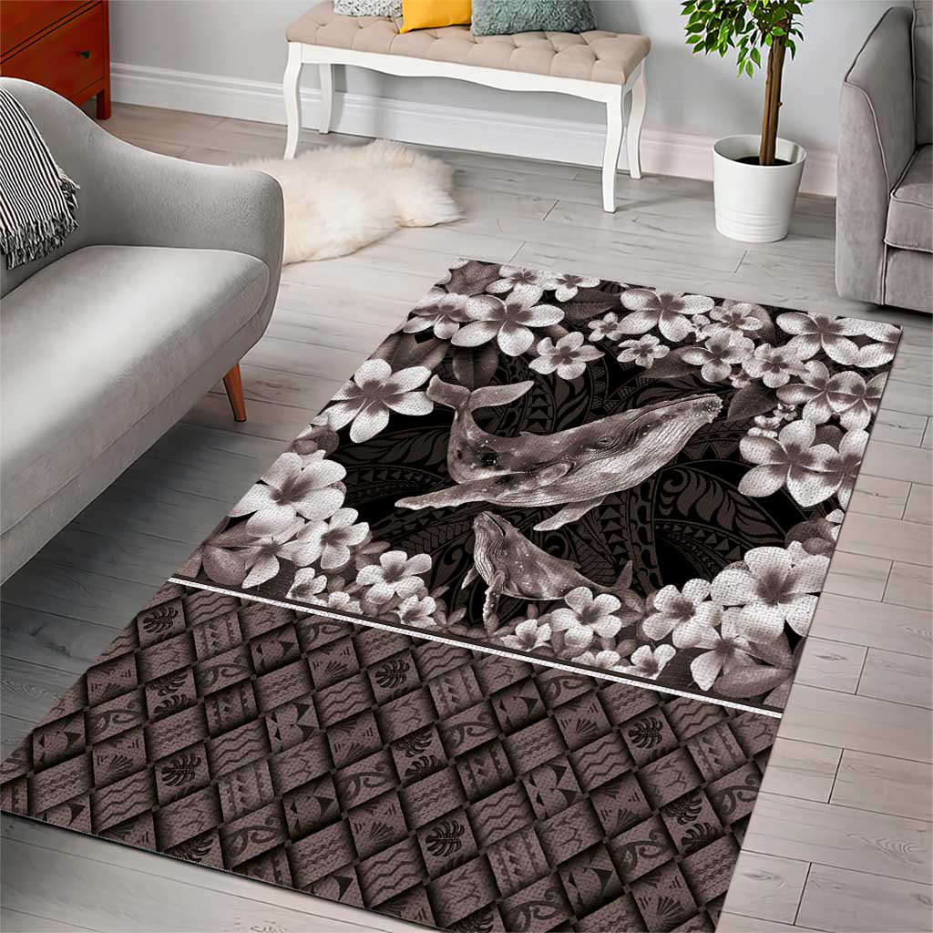 Hawaiian Plumeria and Humpback Whales Area Rug Polynerian Art Tattoo-Grayscale Mode