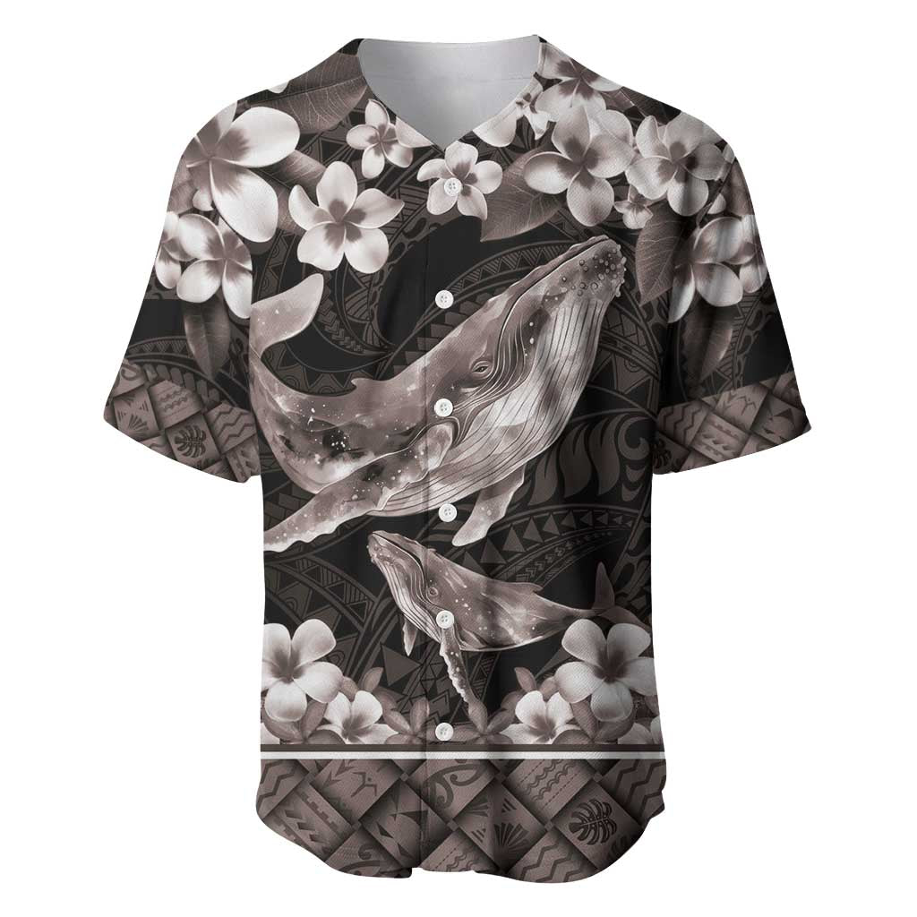 Hawaiian Plumeria and Humpback Whales Baseball Jersey Polynerian Art Tattoo-Grayscale Mode LT03 Black - Polynesian Pride