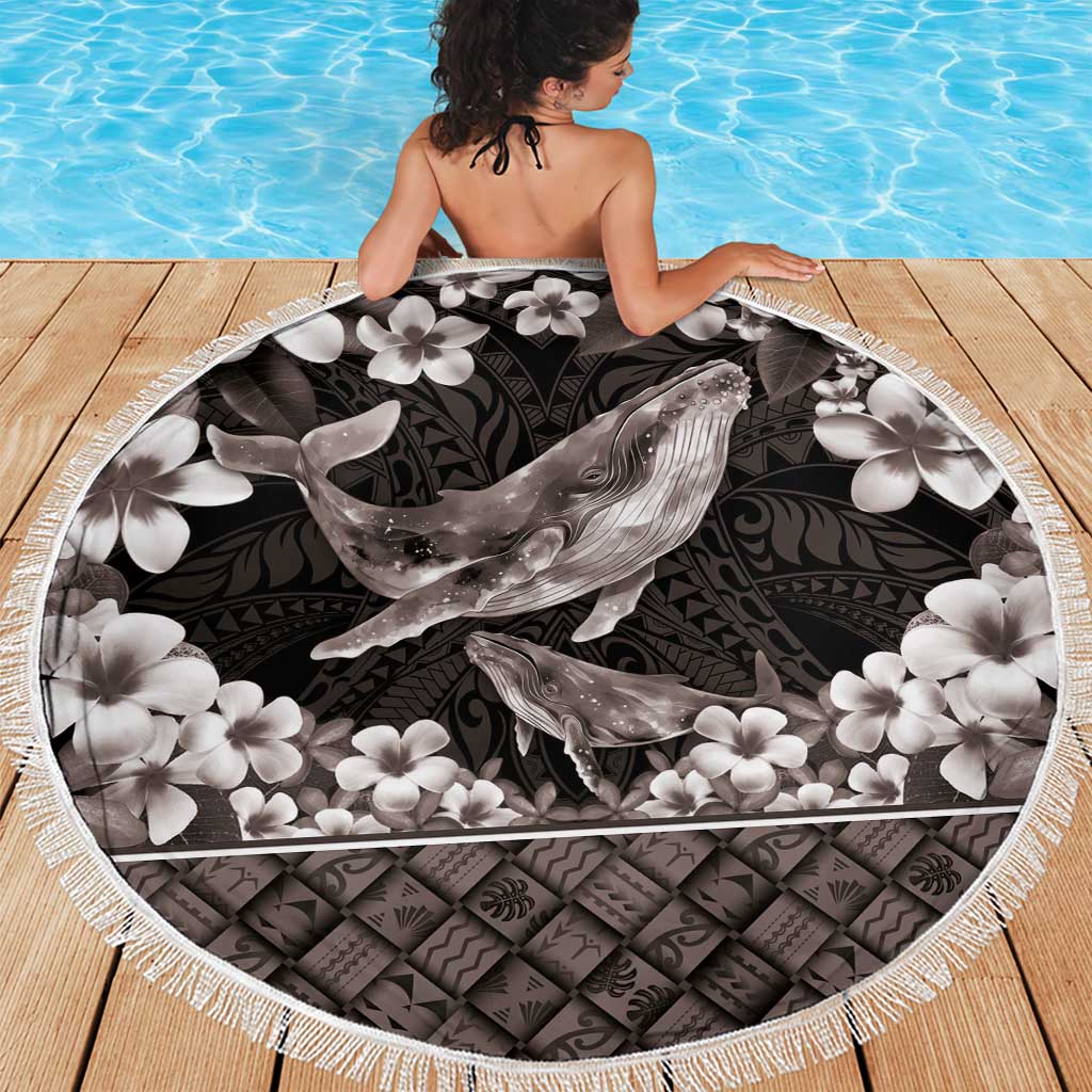 Hawaiian Plumeria and Humpback Whales Beach Blanket Polynerian Art Tattoo-Grayscale Mode