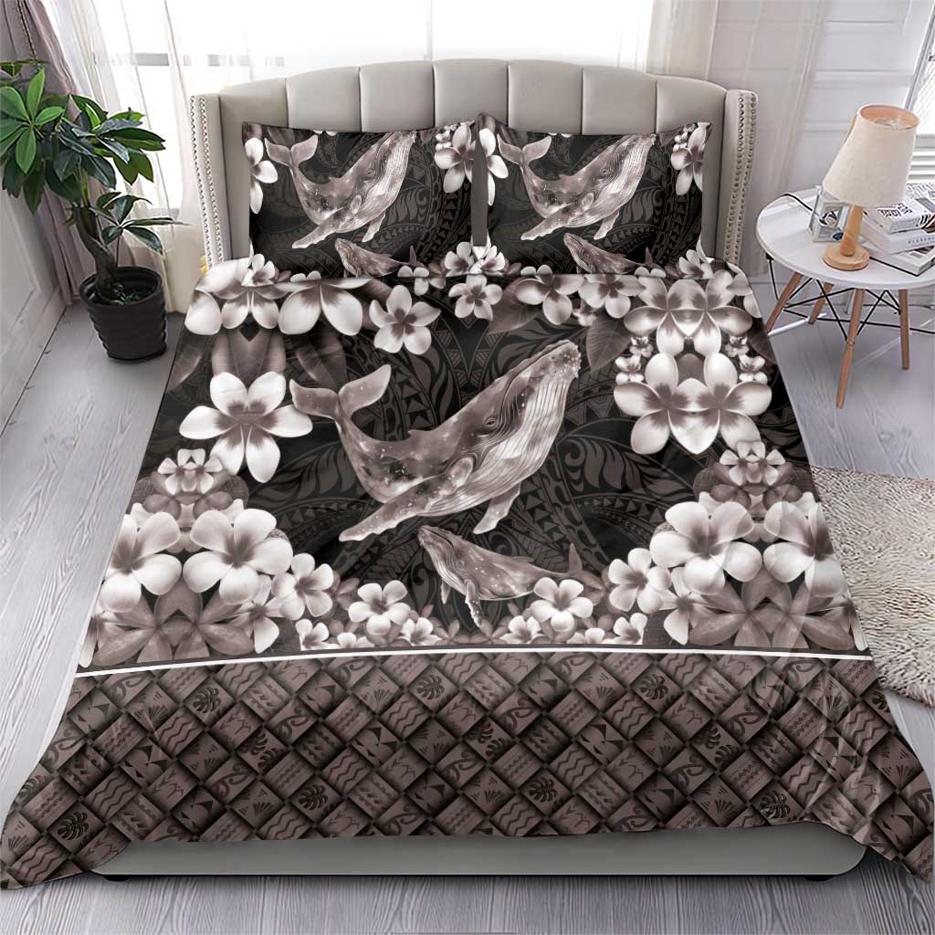 Hawaiian Plumeria and Humpback Whales Bedding Set Polynerian Art Tattoo-Grayscale Mode