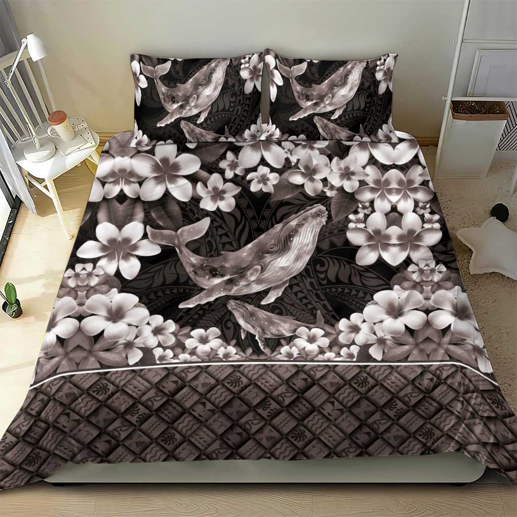 Hawaiian Plumeria and Humpback Whales Bedding Set Polynerian Art Tattoo-Grayscale Mode