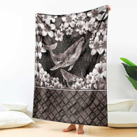Hawaiian Plumeria and Humpback Whales Blanket Polynerian Art Tattoo-Grayscale Mode