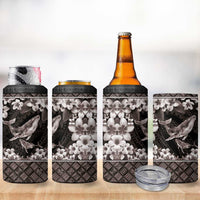 Hawaiian Plumeria and Humpback Whales 4 in 1 Can Cooler Tumbler Polynerian Art Tattoo-Grayscale Mode