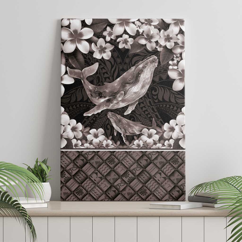 Hawaiian Plumeria and Humpback Whales Canvas Wall Art Polynerian Art Tattoo-Grayscale Mode