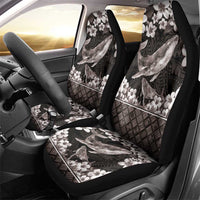 Hawaiian Plumeria and Humpback Whales Car Seat Cover Polynerian Art Tattoo-Grayscale Mode