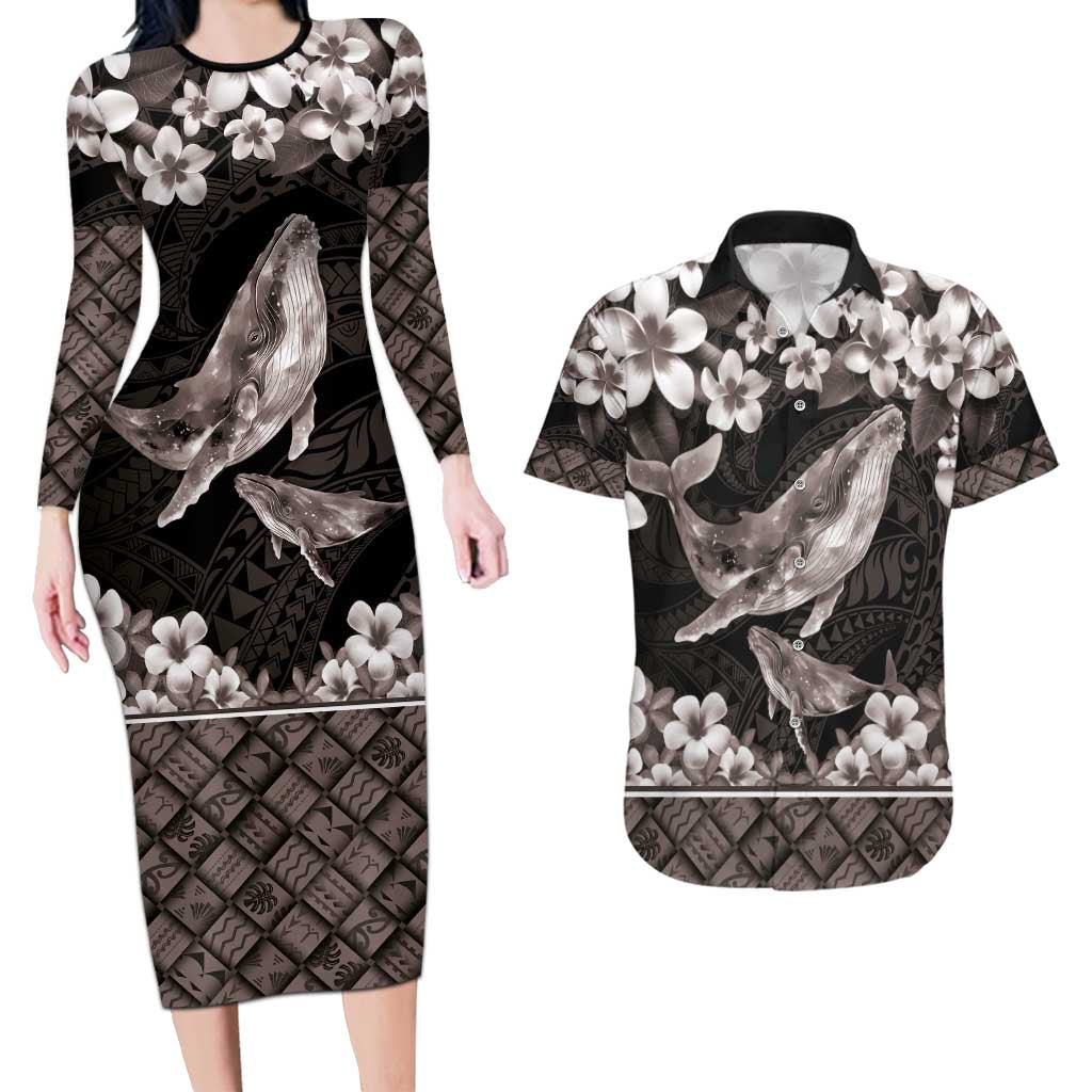 Hawaiian Plumeria and Humpback Whales Couples Matching Long Sleeve Bodycon Dress and Hawaiian Shirt Polynerian Art Tattoo-Grayscale Mode