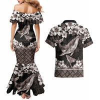 Hawaiian Plumeria and Humpback Whales Couples Matching Mermaid Dress and Hawaiian Shirt Polynerian Art Tattoo-Grayscale Mode