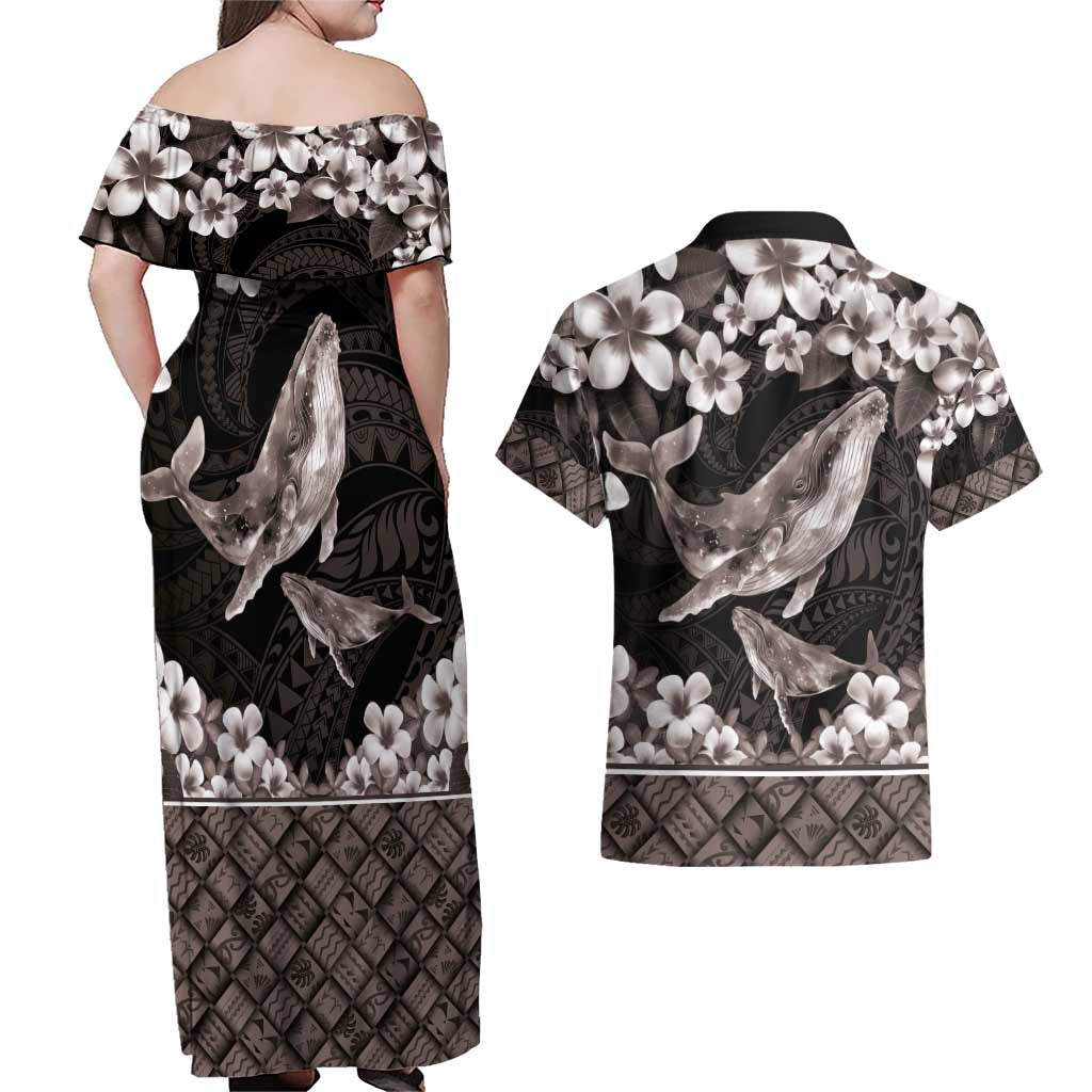 Hawaiian Plumeria and Humpback Whales Couples Matching Off Shoulder Maxi Dress and Hawaiian Shirt Polynerian Art Tattoo-Grayscale Mode
