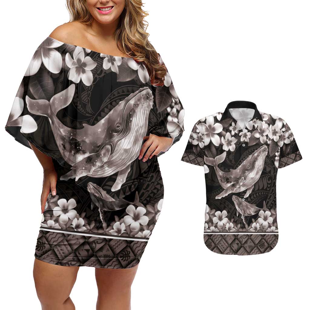 Hawaiian Plumeria and Humpback Whales Couples Matching Off Shoulder Short Dress and Hawaiian Shirt Polynerian Art Tattoo-Grayscale Mode
