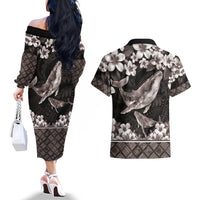 Hawaiian Plumeria and Humpback Whales Couples Matching Off The Shoulder Long Sleeve Dress and Hawaiian Shirt Polynerian Art Tattoo-Grayscale Mode