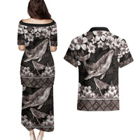 Hawaiian Plumeria and Humpback Whales Couples Matching Puletasi and Hawaiian Shirt Polynerian Art Tattoo-Grayscale Mode LT03 - Polynesian Pride