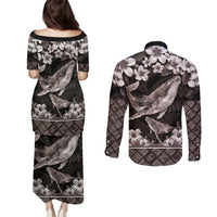 Hawaiian Plumeria and Humpback Whales Couples Matching Puletasi and Long Sleeve Button Shirt Polynerian Art Tattoo-Grayscale Mode LT03 - Polynesian Pride