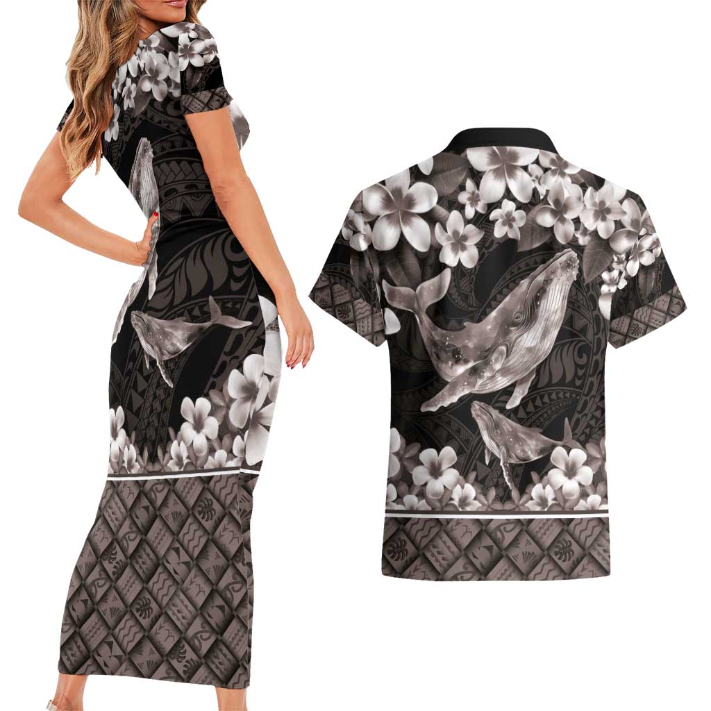 Hawaiian Plumeria and Humpback Whales Couples Matching Short Sleeve Bodycon Dress and Hawaiian Shirt Polynerian Art Tattoo-Grayscale Mode