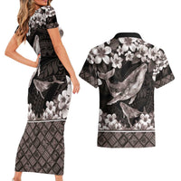 Hawaiian Plumeria and Humpback Whales Couples Matching Short Sleeve Bodycon Dress and Hawaiian Shirt Polynerian Art Tattoo-Grayscale Mode