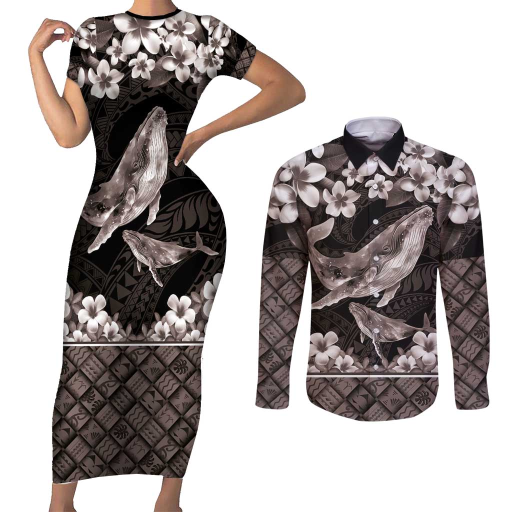 Hawaiian Plumeria and Humpback Whales Couples Matching Short Sleeve Bodycon Dress and Long Sleeve Button Shirt Polynerian Art Tattoo-Grayscale Mode