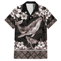 Hawaiian Plumeria and Humpback Whales Family Matching Long Sleeve Bodycon Dress and Hawaiian Shirt Polynerian Art Tattoo-Grayscale Mode