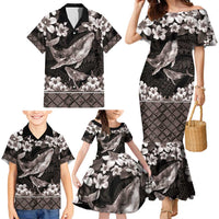 Hawaiian Plumeria and Humpback Whales Family Matching Mermaid Dress and Hawaiian Shirt Polynerian Art Tattoo-Grayscale Mode