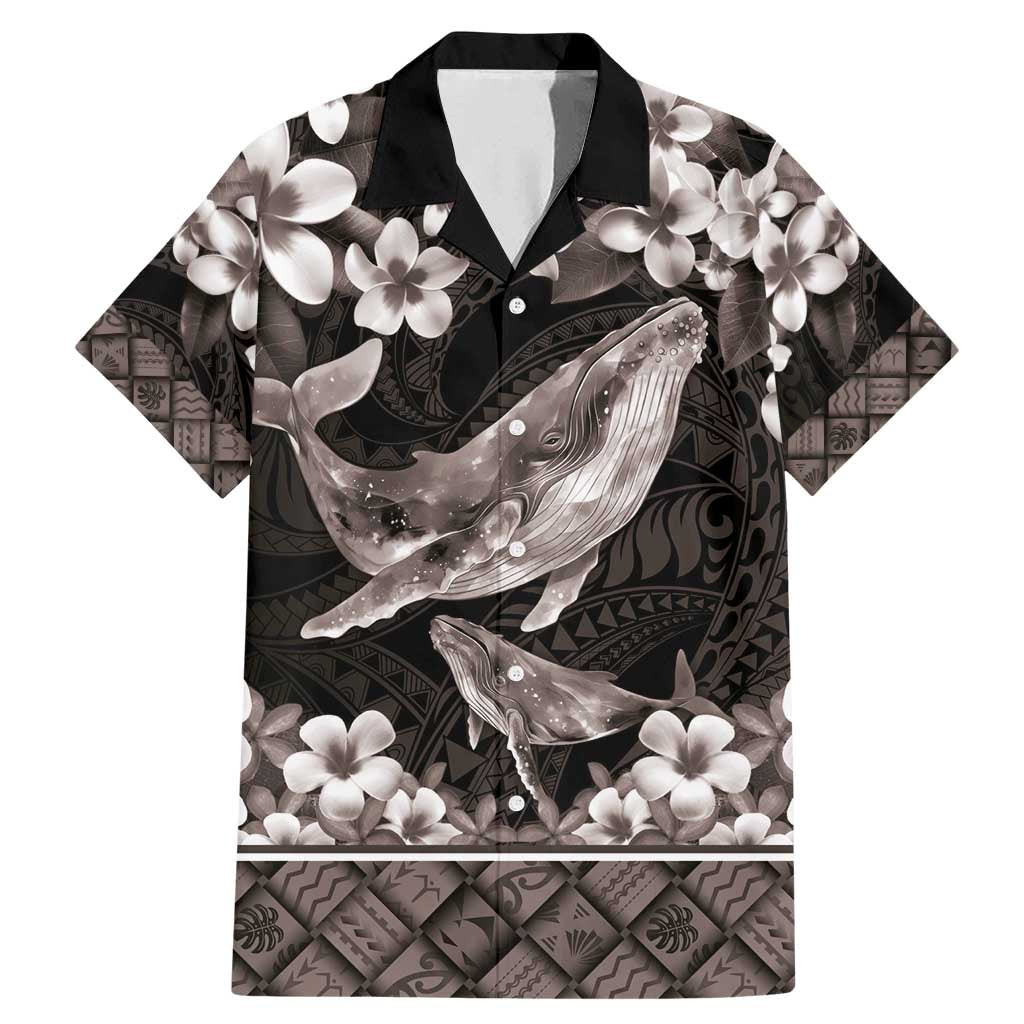 Hawaiian Plumeria and Humpback Whales Family Matching Mermaid Dress and Hawaiian Shirt Polynerian Art Tattoo-Grayscale Mode