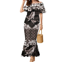 Hawaiian Plumeria and Humpback Whales Family Matching Mermaid Dress and Hawaiian Shirt Polynerian Art Tattoo-Grayscale Mode