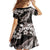 Hawaiian Plumeria and Humpback Whales Family Matching Off The Shoulder Long Sleeve Dress and Hawaiian Shirt Polynerian Art Tattoo-Grayscale Mode