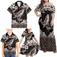 Hawaiian Plumeria and Humpback Whales Family Matching Off Shoulder Maxi Dress and Hawaiian Shirt Polynerian Art Tattoo-Grayscale Mode