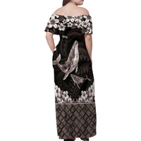Hawaiian Plumeria and Humpback Whales Family Matching Off Shoulder Maxi Dress and Hawaiian Shirt Polynerian Art Tattoo-Grayscale Mode