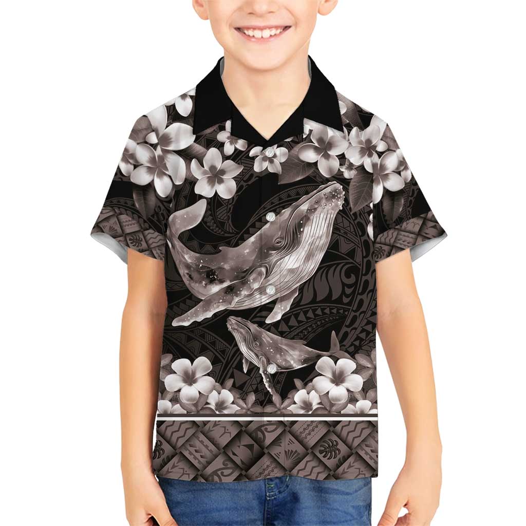 Hawaiian Plumeria and Humpback Whales Family Matching Off Shoulder Short Dress and Hawaiian Shirt Polynerian Art Tattoo-Grayscale Mode