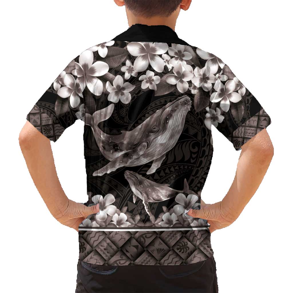 Hawaiian Plumeria and Humpback Whales Family Matching Puletasi and Hawaiian Shirt Polynerian Art Tattoo-Grayscale Mode