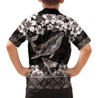 Hawaiian Plumeria and Humpback Whales Family Matching Puletasi and Hawaiian Shirt Polynerian Art Tattoo-Grayscale Mode