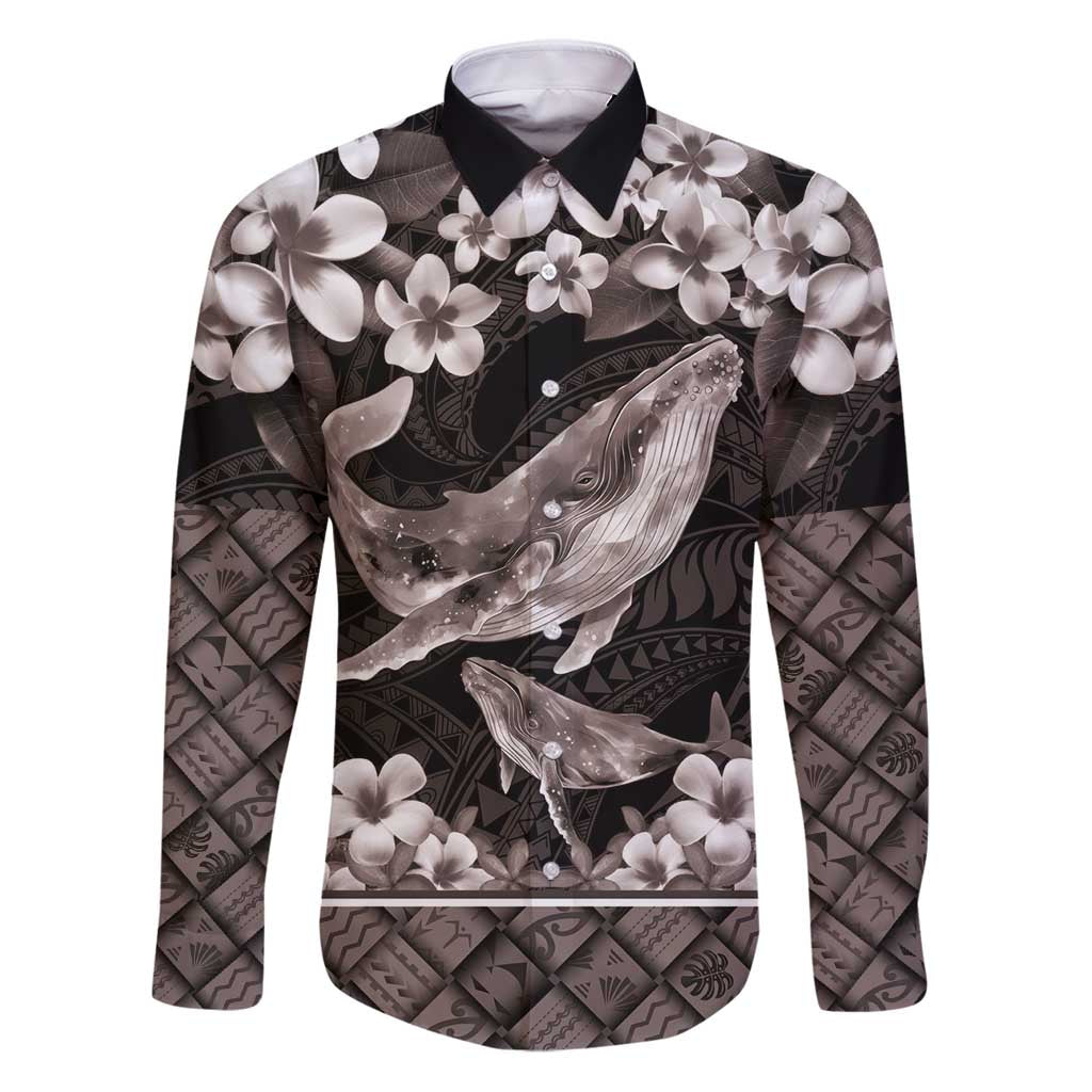 Hawaiian Plumeria and Humpback Whales Family Matching Puletasi and Hawaiian Shirt Polynerian Art Tattoo-Grayscale Mode