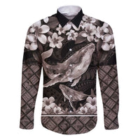 Hawaiian Plumeria and Humpback Whales Family Matching Puletasi and Hawaiian Shirt Polynerian Art Tattoo-Grayscale Mode