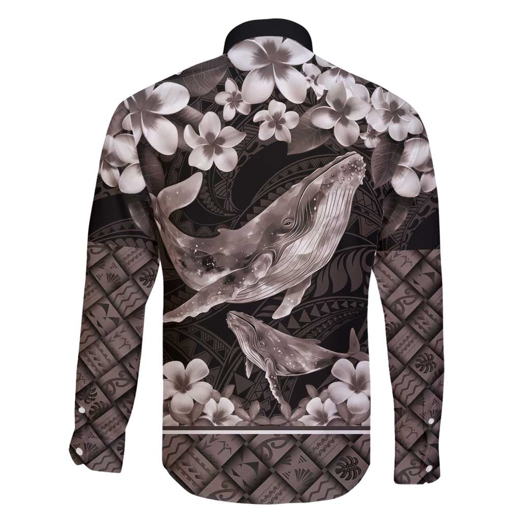 Hawaiian Plumeria and Humpback Whales Family Matching Puletasi and Hawaiian Shirt Polynerian Art Tattoo-Grayscale Mode