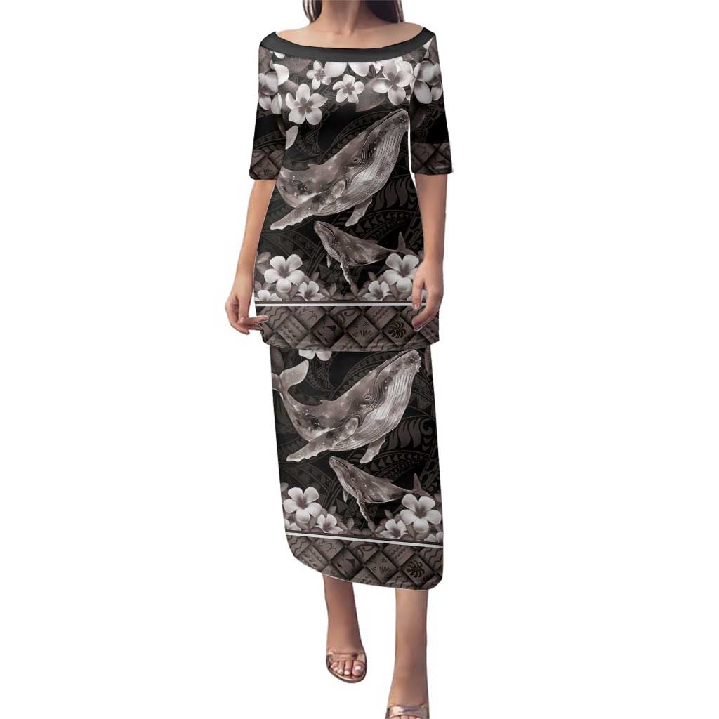 Hawaiian Plumeria and Humpback Whales Family Matching Puletasi and Hawaiian Shirt Polynerian Art Tattoo-Grayscale Mode