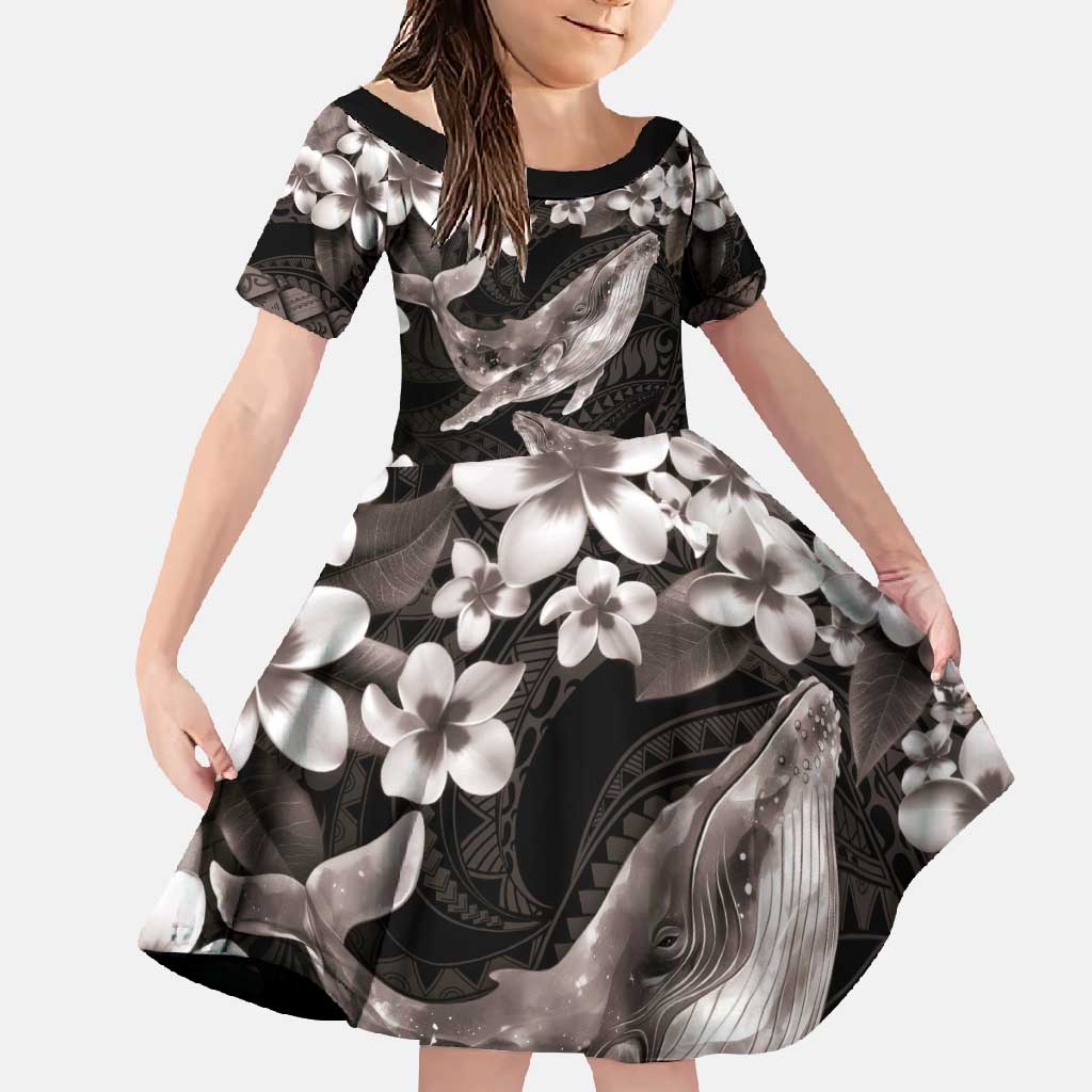 Hawaiian Plumeria and Humpback Whales Family Matching Short Sleeve Bodycon Dress and Hawaiian Shirt Polynerian Art Tattoo-Grayscale Mode