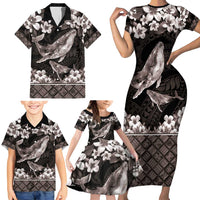 Hawaiian Plumeria and Humpback Whales Family Matching Short Sleeve Bodycon Dress and Hawaiian Shirt Polynerian Art Tattoo-Grayscale Mode
