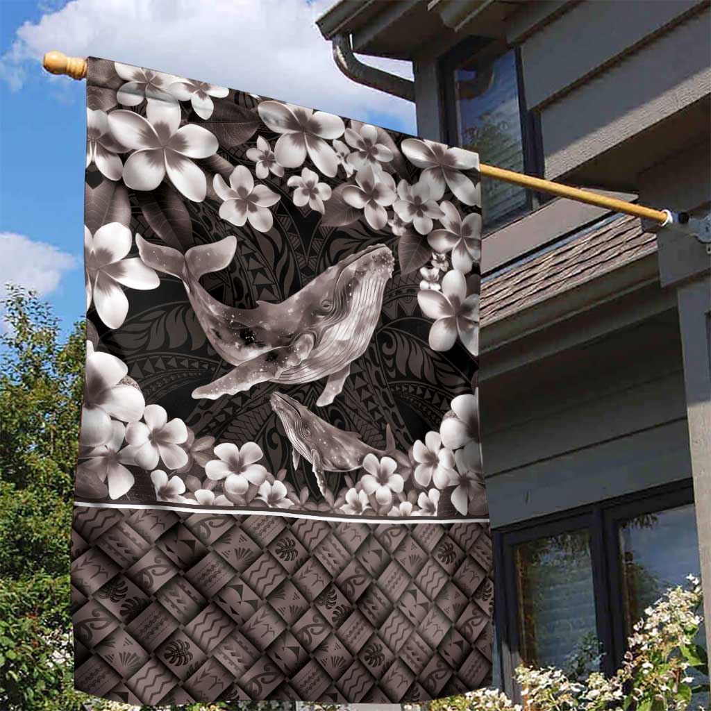 Hawaiian Plumeria and Humpback Whales Garden Flag Polynerian Art Tattoo-Grayscale Mode