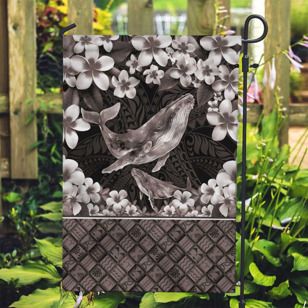 Hawaiian Plumeria and Humpback Whales Garden Flag Polynerian Art Tattoo-Grayscale Mode