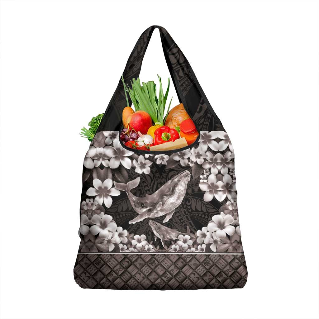 Hawaiian Plumeria and Humpback Whales Grocery Bag Polynerian Art Tattoo-Grayscale Mode LT03 1-pack One Size Black - Polynesian Pride