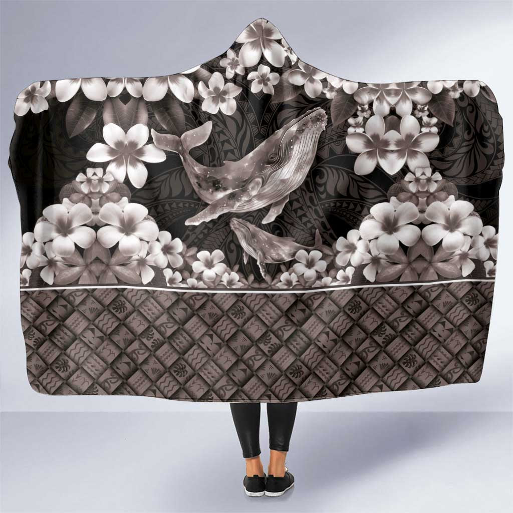 Hawaiian Plumeria and Humpback Whales Hooded Blanket Polynerian Art Tattoo-Grayscale Mode