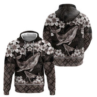 Hawaiian Plumeria and Humpback Whales Hoodie Polynerian Art Tattoo-Grayscale Mode