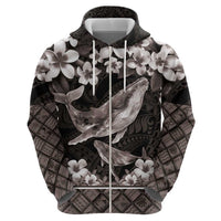 Hawaiian Plumeria and Humpback Whales Hoodie Polynerian Art Tattoo-Grayscale Mode