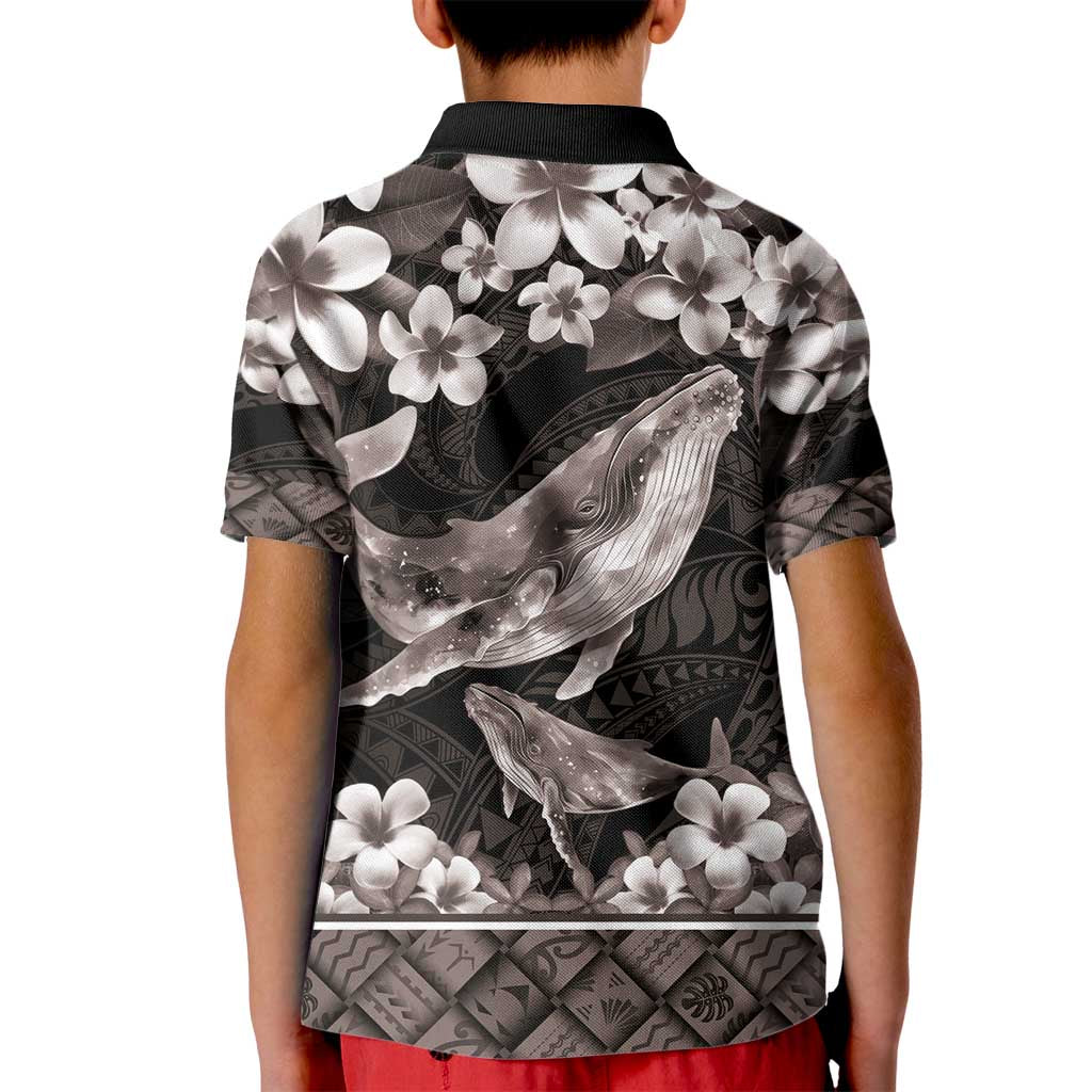 Hawaiian Plumeria and Humpback Whales Kid Polo Shirt Polynerian Art Tattoo-Grayscale Mode